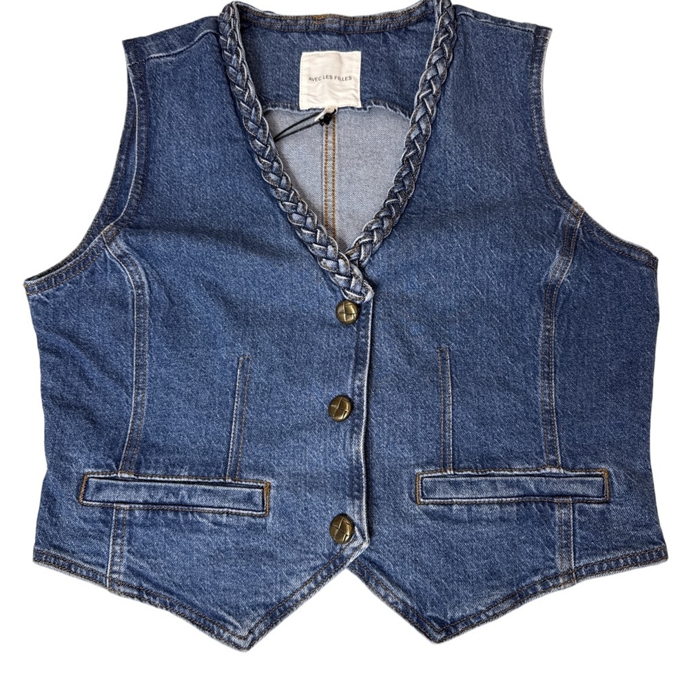Avec Les Filles Women's Braided Trim Blue Denim Vest Top - Sz Large, NWT